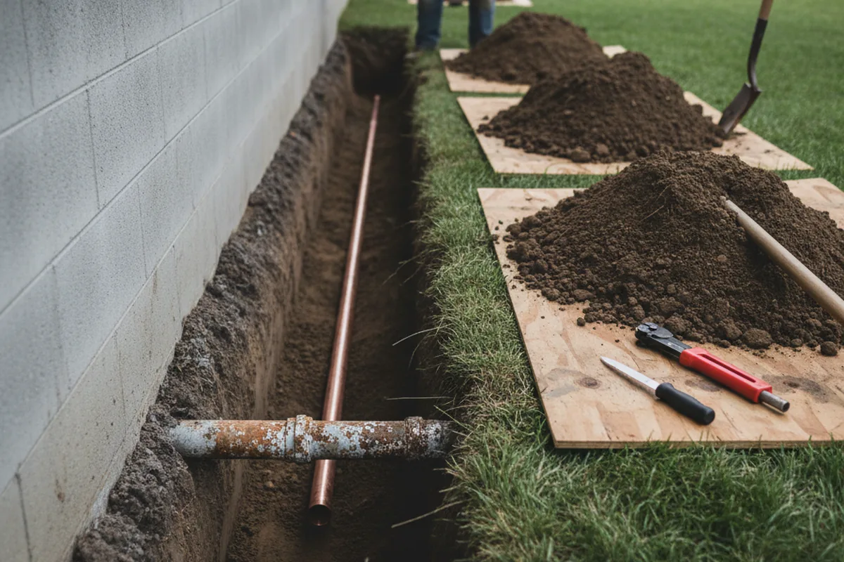 Excavated water line trench during Sewer Line Repair in Islip Terrace